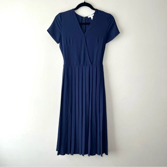 Leith by Nordstrom Navy Blue Cap Sleeve Pleated Midi Dress sz XXS American VTG - Picture 1 of 11